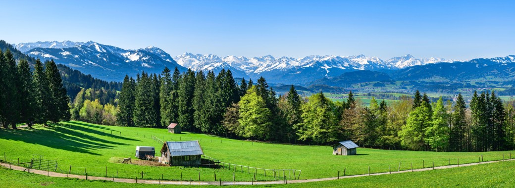 Wiese mit Hütten und Gebirge