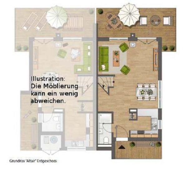 Grundriss: Erdgeschoss mit Wohn(schlaf)zimmer, Badezimmer, Küche und Esszimmer. Mit Kamin und Playstation 4 Pro