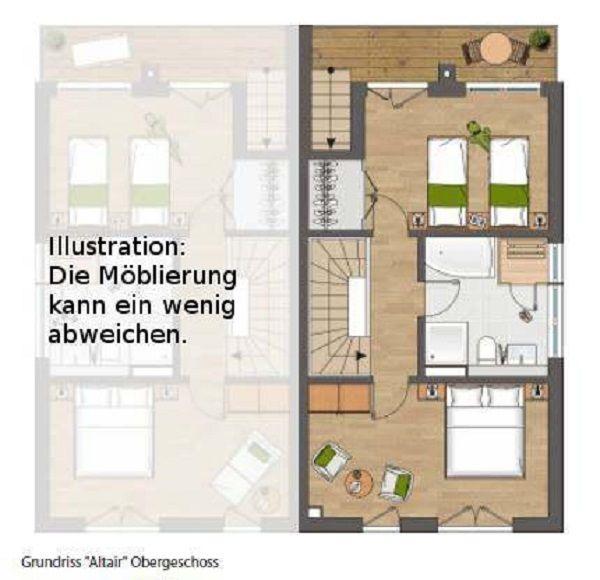 Grundriss: Obergeschoss mit zwei Schlafzimmern und Wellnessbad