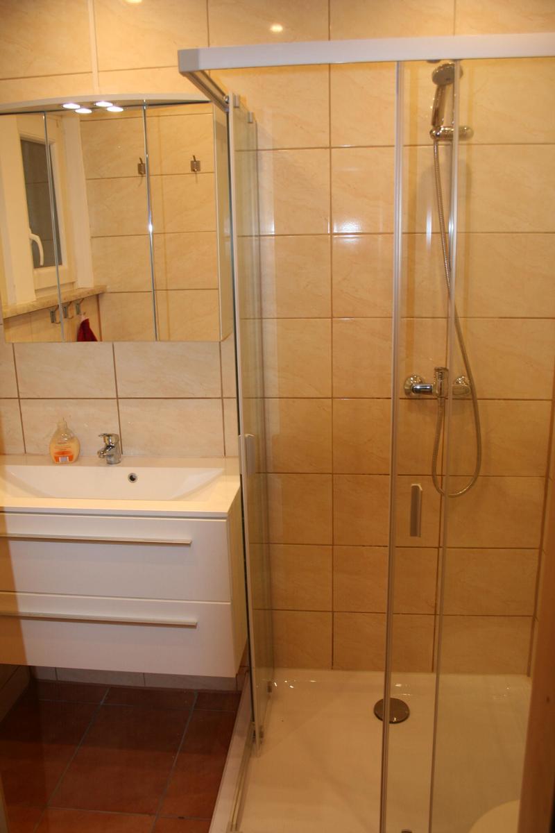 Badezimmer mit Waschplatz und Dusche im EG.