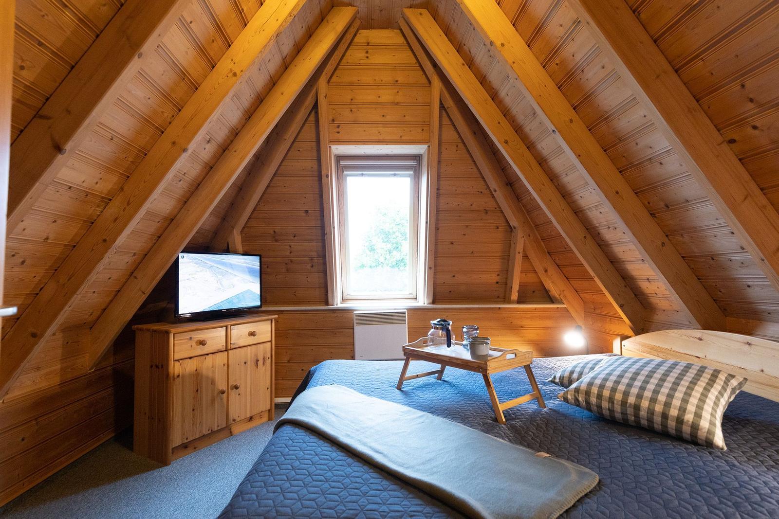 Bedroom with wooden ceiling, bed, TV, and window.