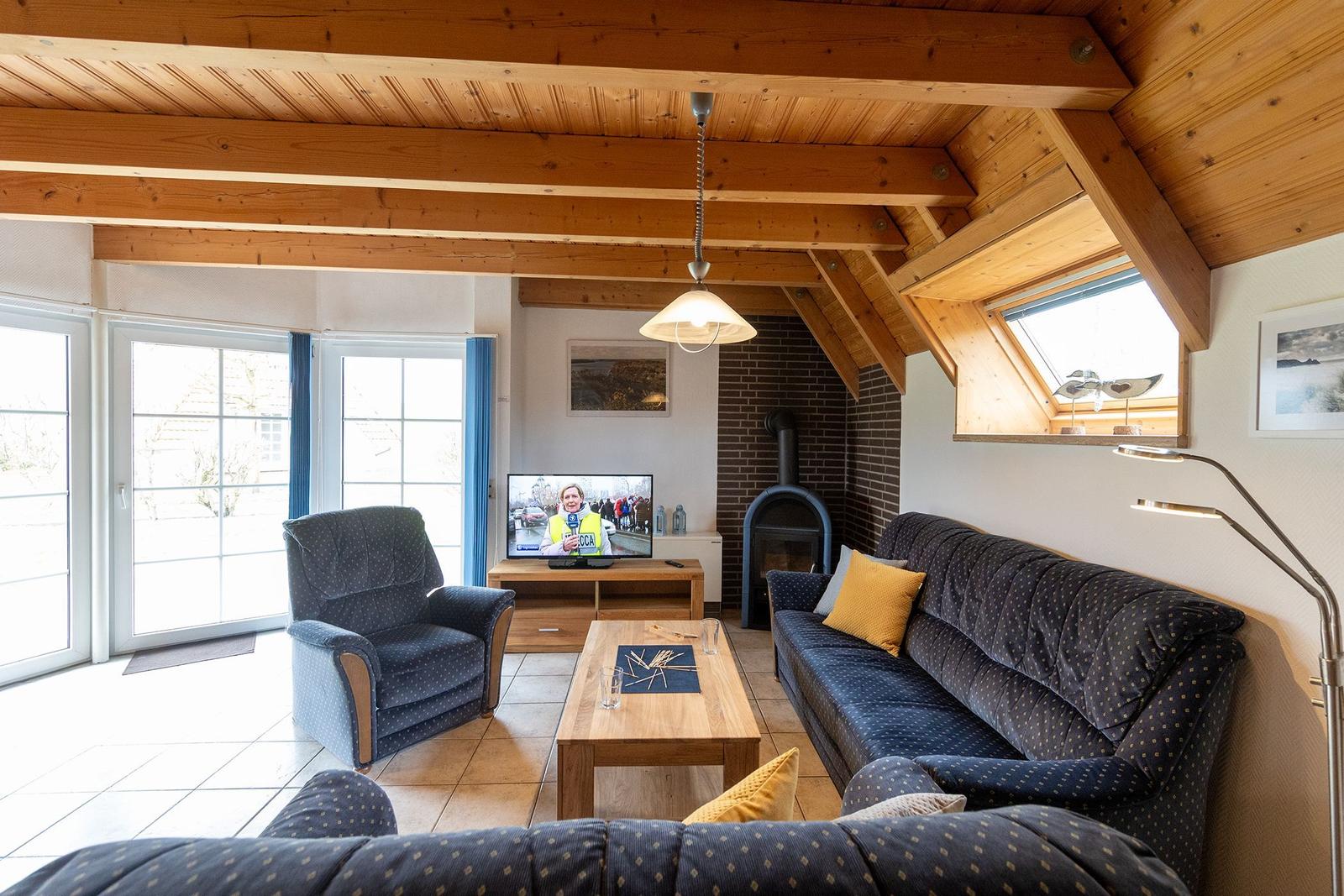 Living room with sofa, armchair, fireplace and TV. Wooden ceiling and large windows.