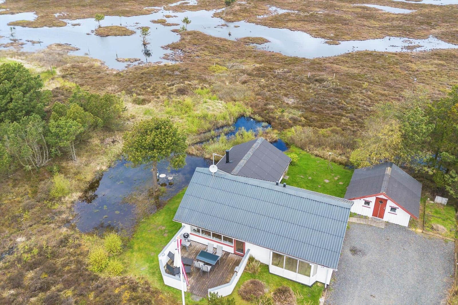 Haus mit Terrasse und Grillplatz im Moorland mit Wasserflächen und Bäumen.