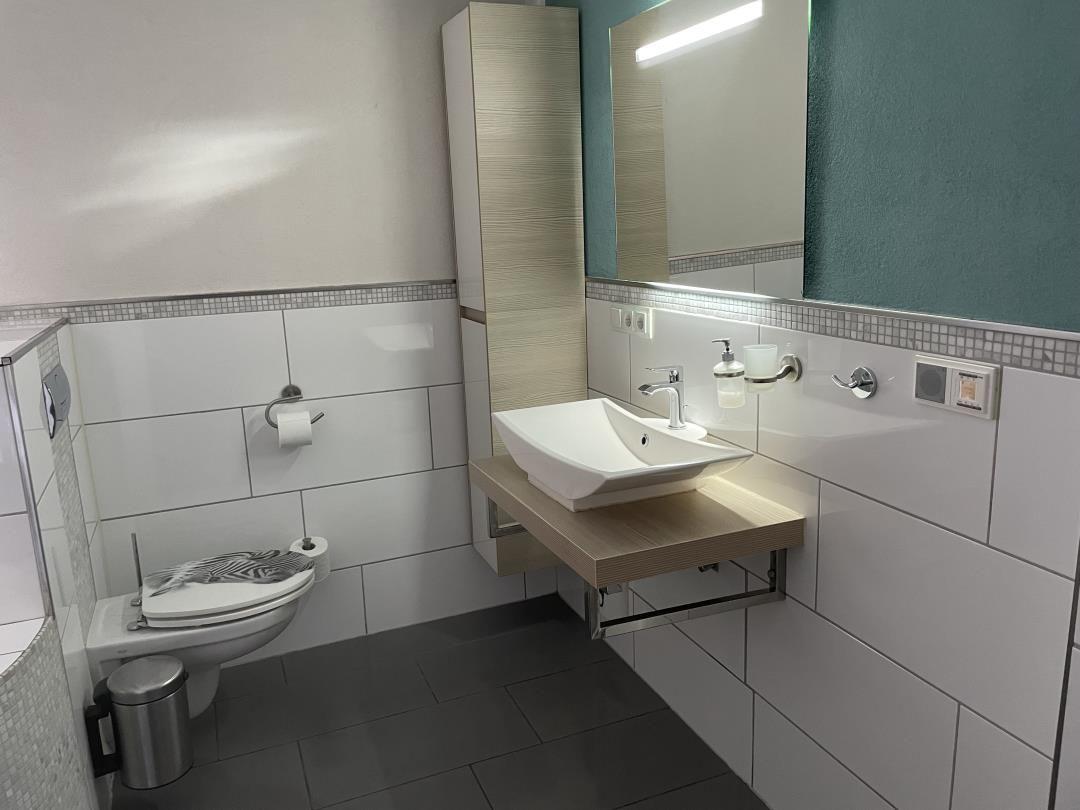 Badezimmer mit Waschbecken, Spiegel, Toilette und Dusche.