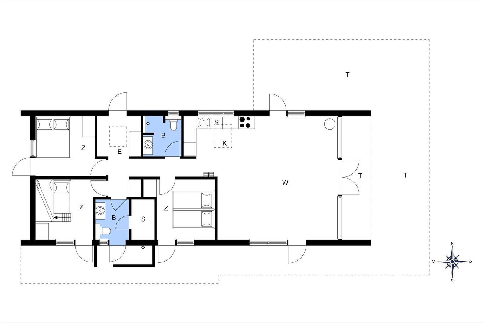 Wohnung mit zwei Schlafzimmern, Küche und Bad. Flur mit Treppe.