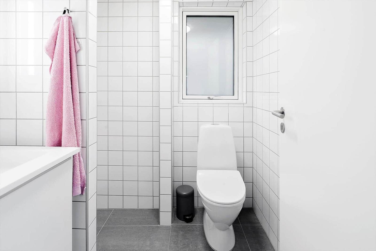 Bathroom with toilet, window, and pink towel on the wall.
