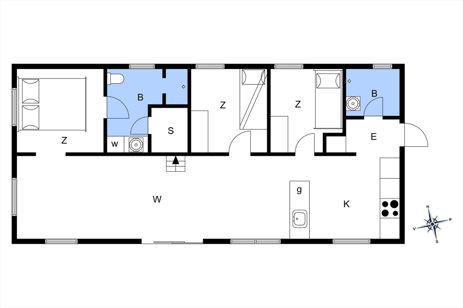 Apartment with kitchen, bathroom, bedrooms, and living area.