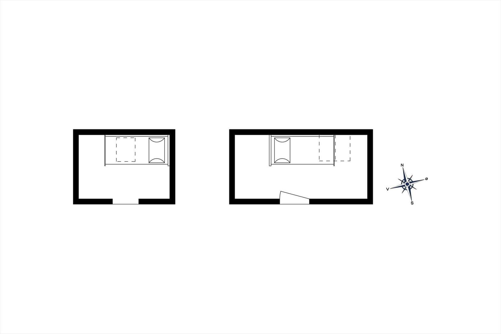 Two rooms with windows and doors. Compass shows cardinal directions.