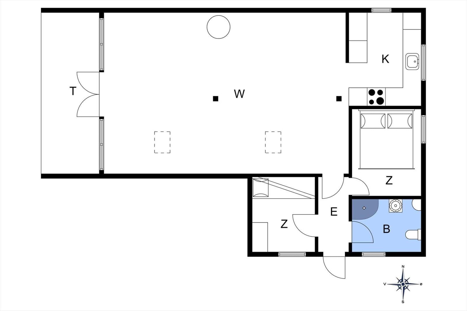 Wohnung mit Küche, Schlafzimmer, Bad und Wohnbereich. Flur mit zwei Zimmern.