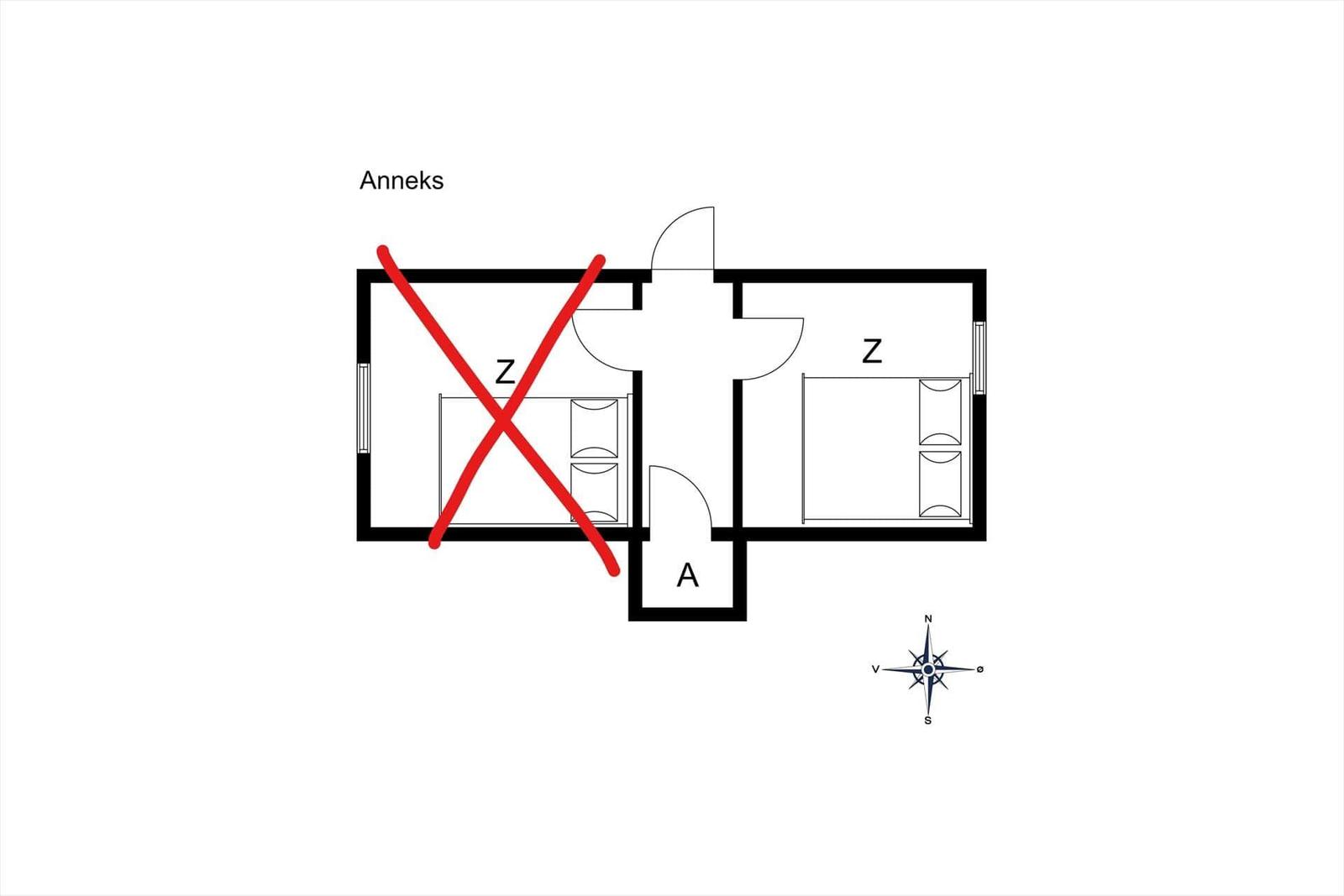 Gebäudeplan zeigt zwei Schlafzimmer, einen Anbau und eine markierte Fläche.