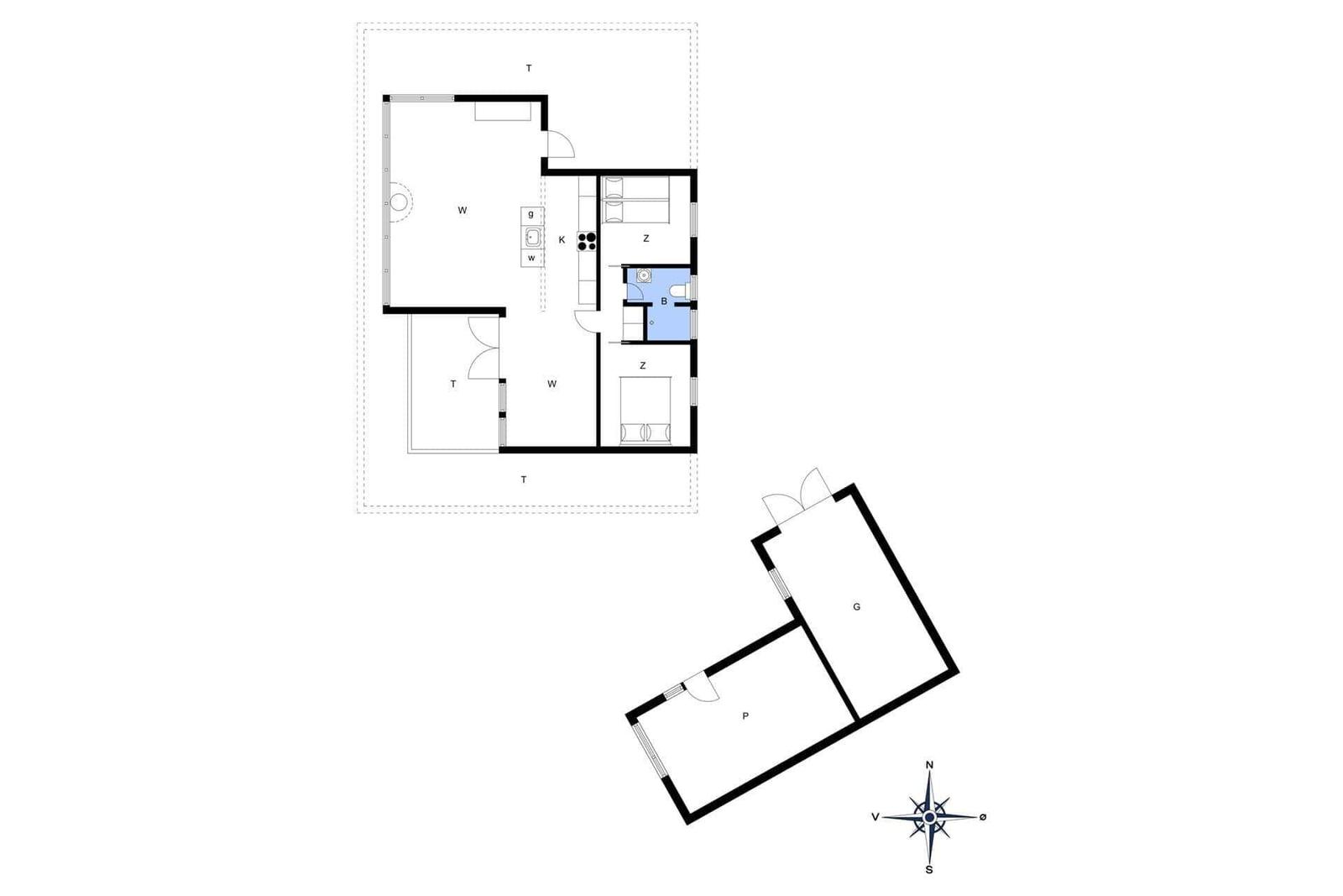 Wohnung mit Küche, Bad und Schlafzimmer. Außenbereich mit Garage und Parkplatz.