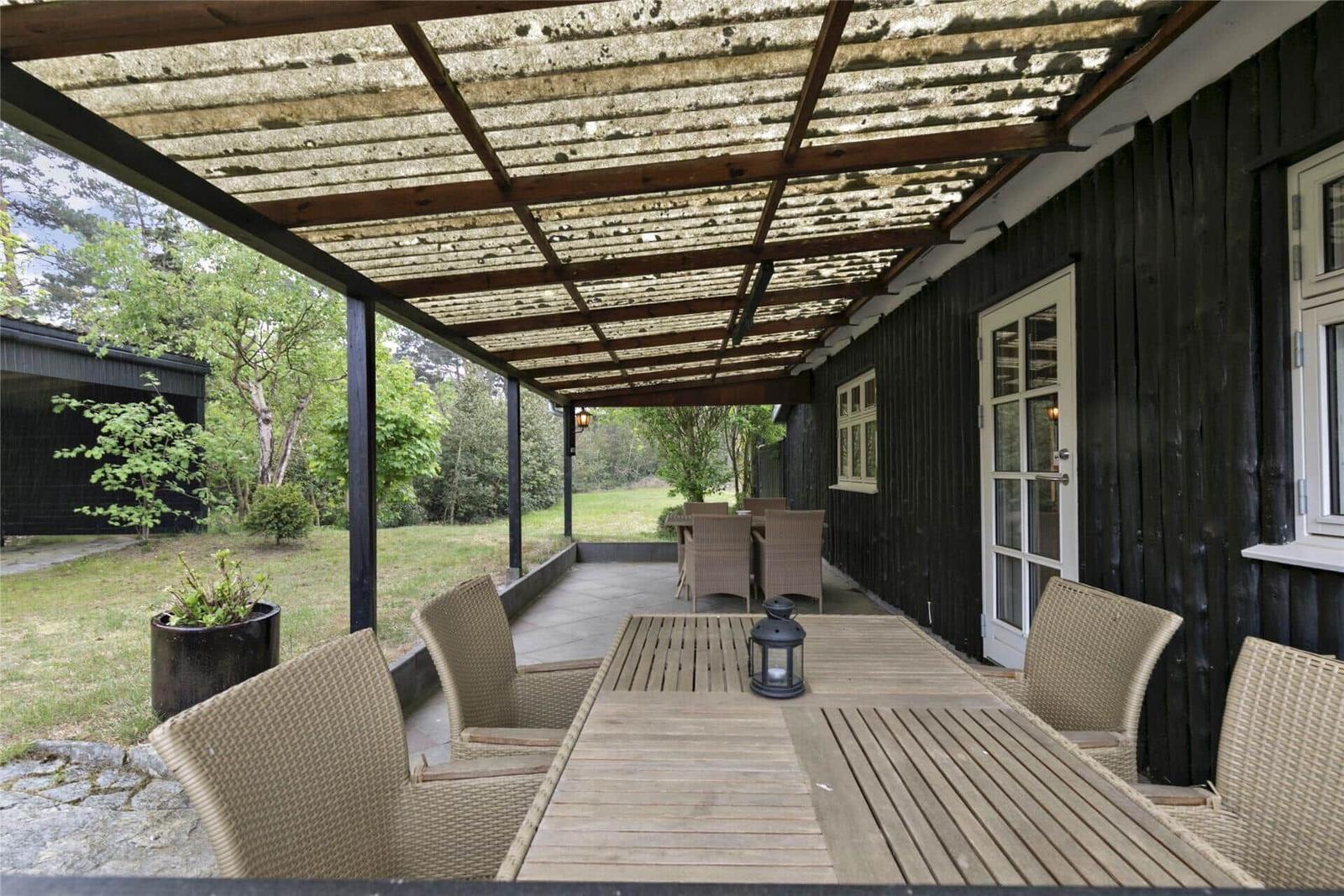 Terrasse mit Tisch und Stühlen unter einem Dach. Schwarze Holzwand und grüner Garten im Hintergrund.
