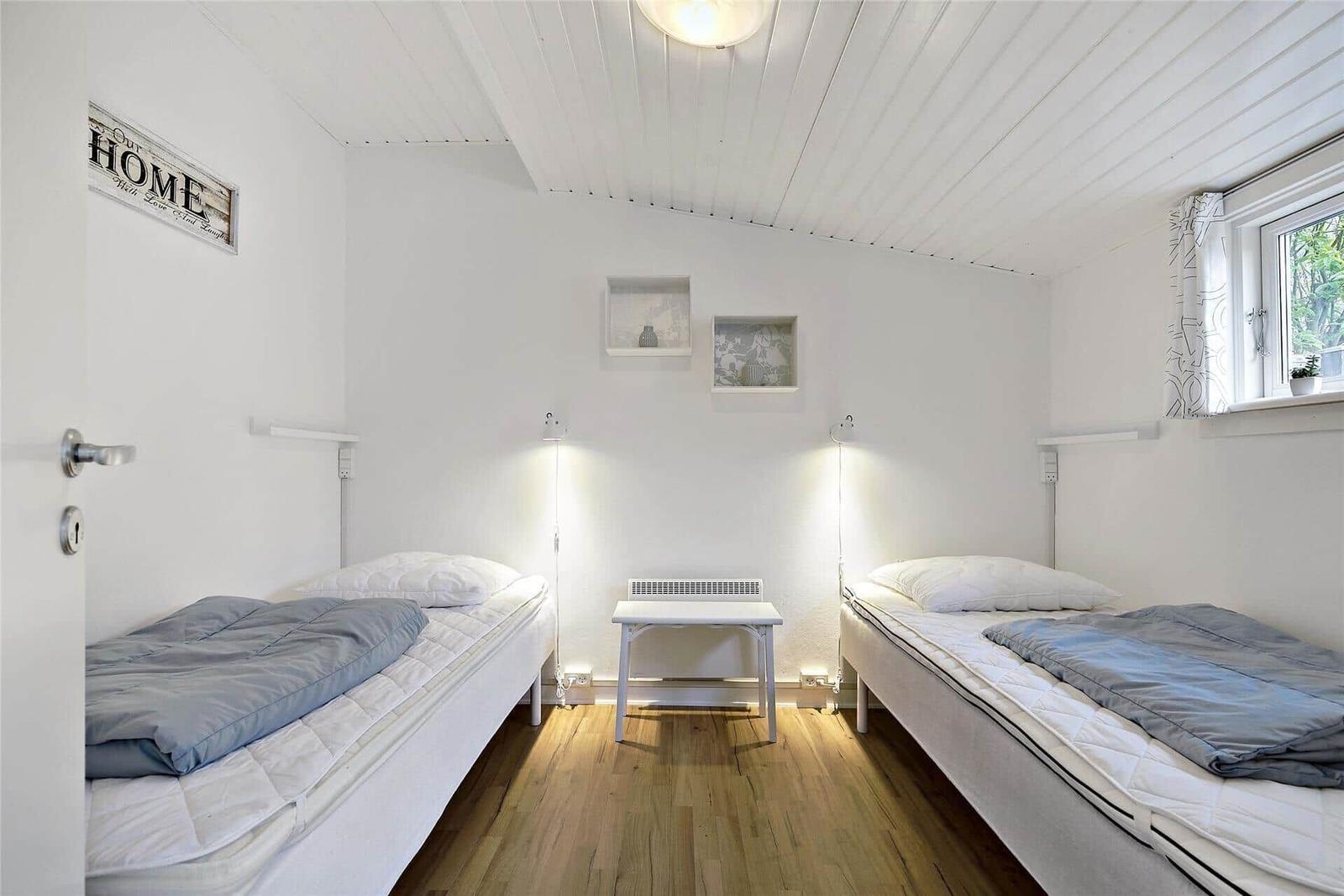 Zwei Einzelbetten, Holzboden, Fenster, weiße Wände und Decke mit eingebauten Regalen.