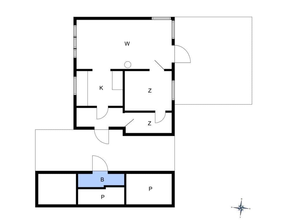 Wohnung mit Küche, zwei Schlafzimmern, Bad und Balkon. Untergeschoss mit Garage.