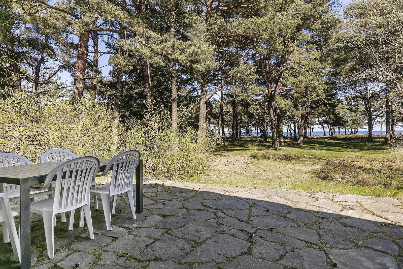 Terrasse mit Tisch und Stühlen im Wald, Blick auf Meer.