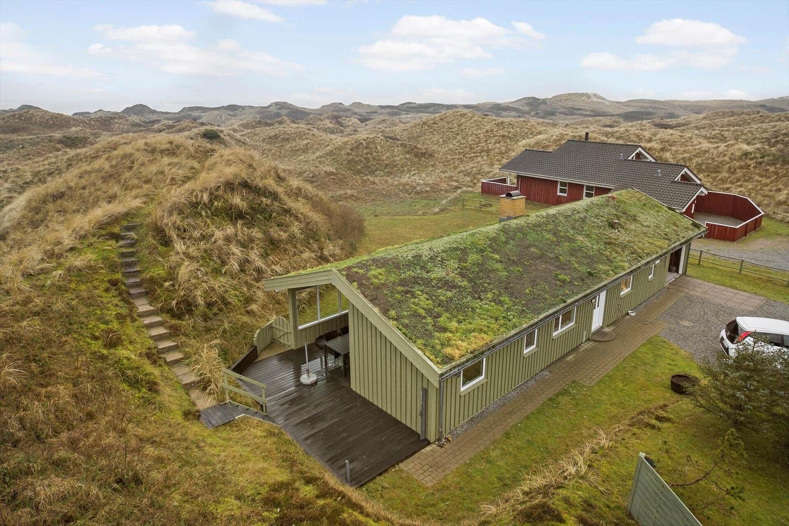 House with green roof on dunes, terrace and parking space.