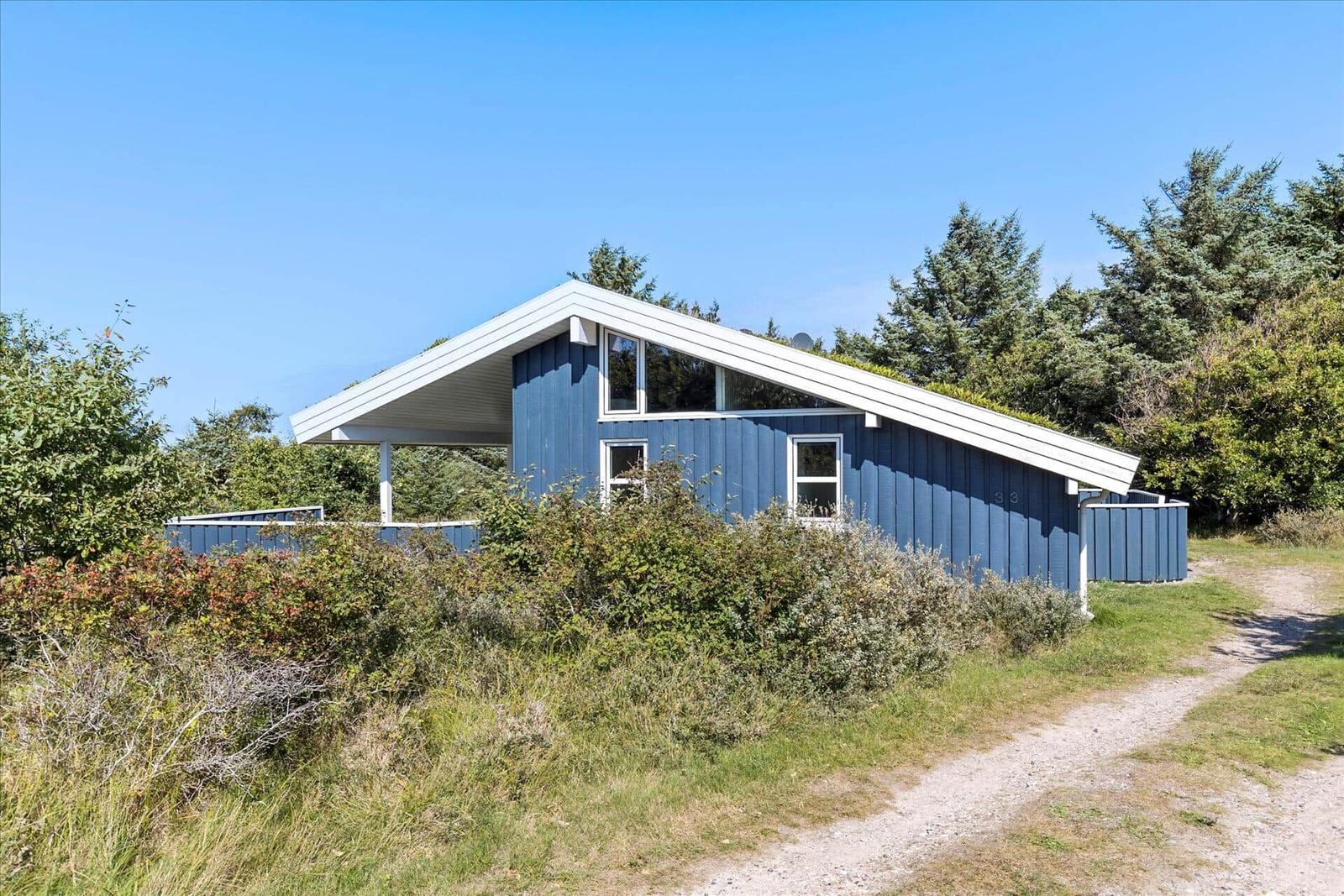 Blue house with white window frames and green roof vegetation