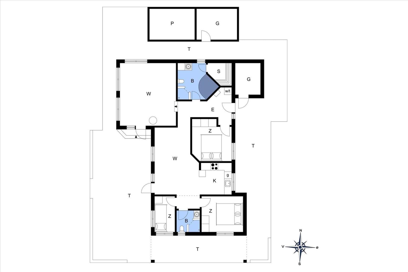 Wohnung mit zwei Schlafzimmern, Küche, Bad und Wohnbereich. Raumplan mit Orientierung.