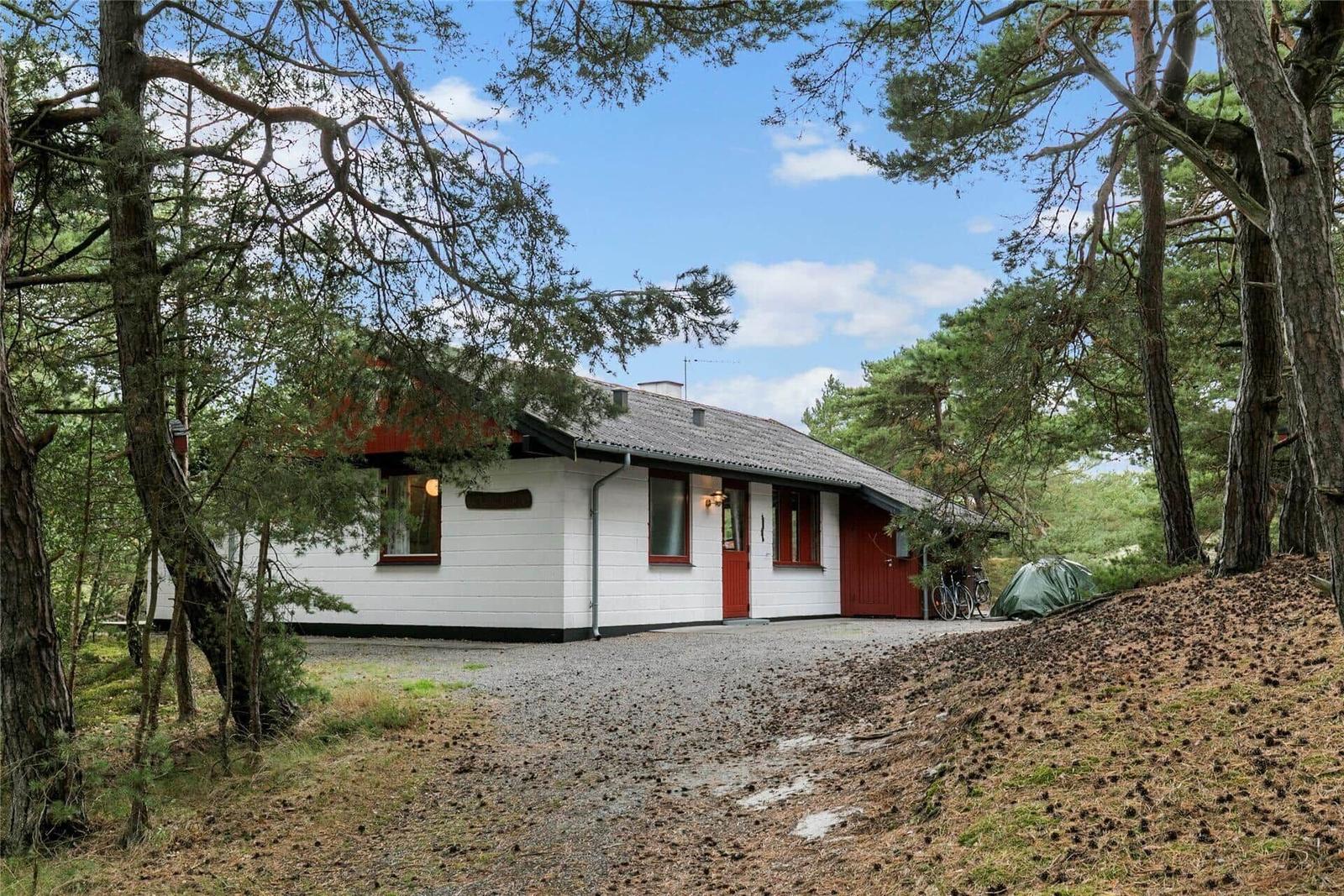 Ein weißes Haus mit roter Tür steht inmitten von Nadelbäumen.