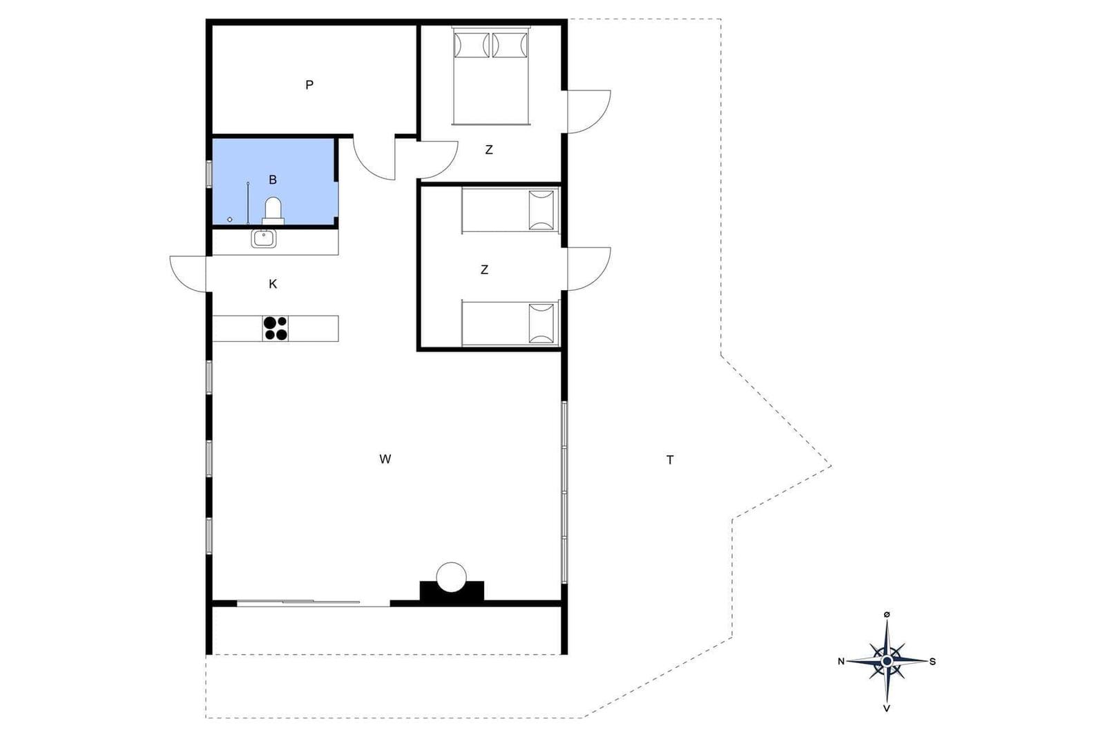 Wohnung mit Küche, Bad, zwei Schlafzimmern und Wohnbereich.