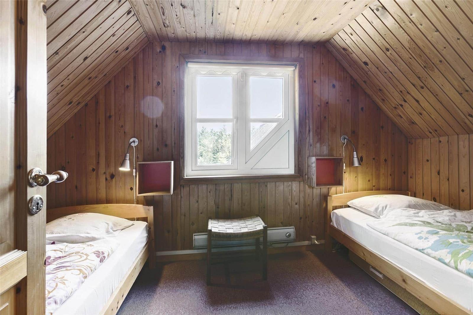 Zimmer mit zwei Betten, Holzwand und Dachschräge. Fenster mit Blick auf Bäume.