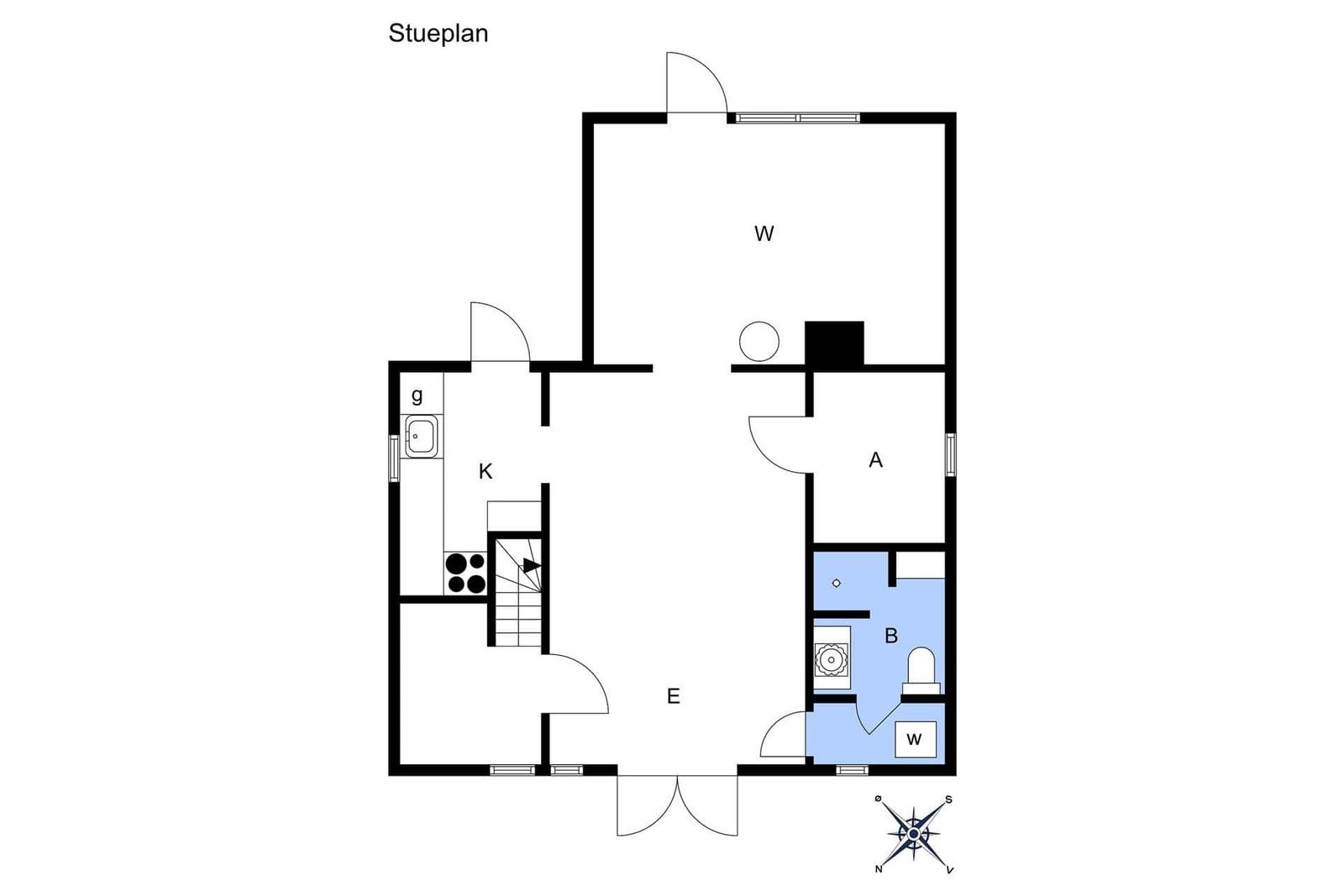 Stueplan zeigt Küche, Wohnbereich, Schlafzimmer und Bad.