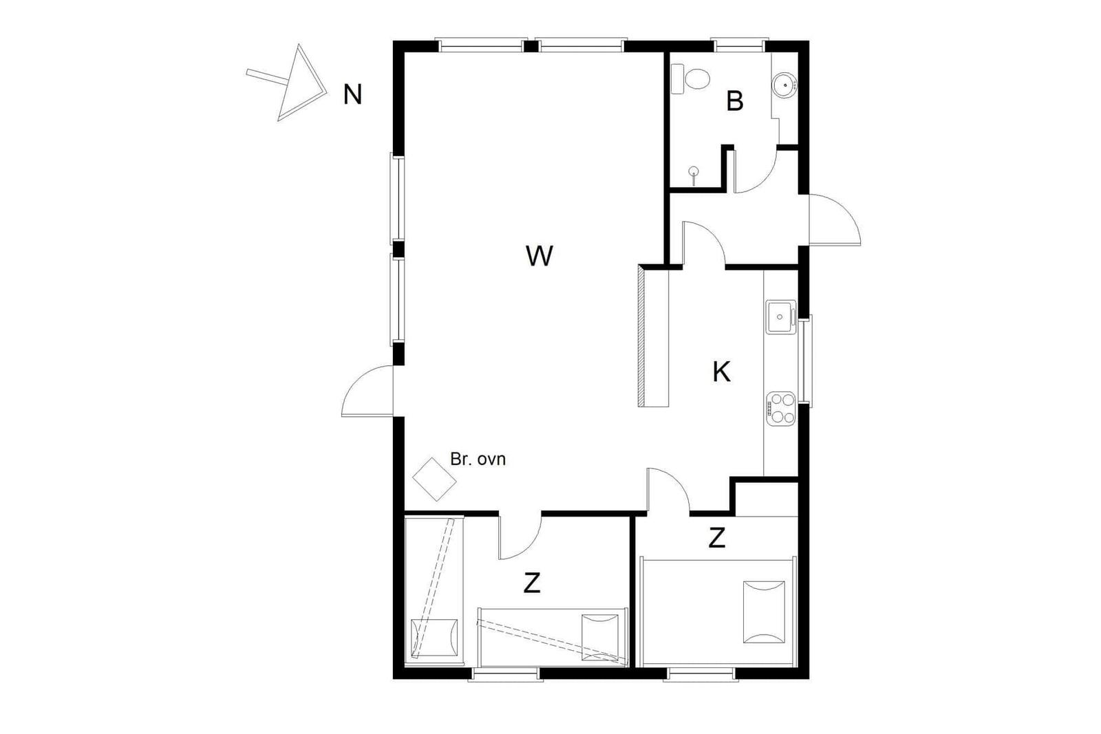 Apartment with kitchen, bathroom, and two bedrooms. Northeast orientation.