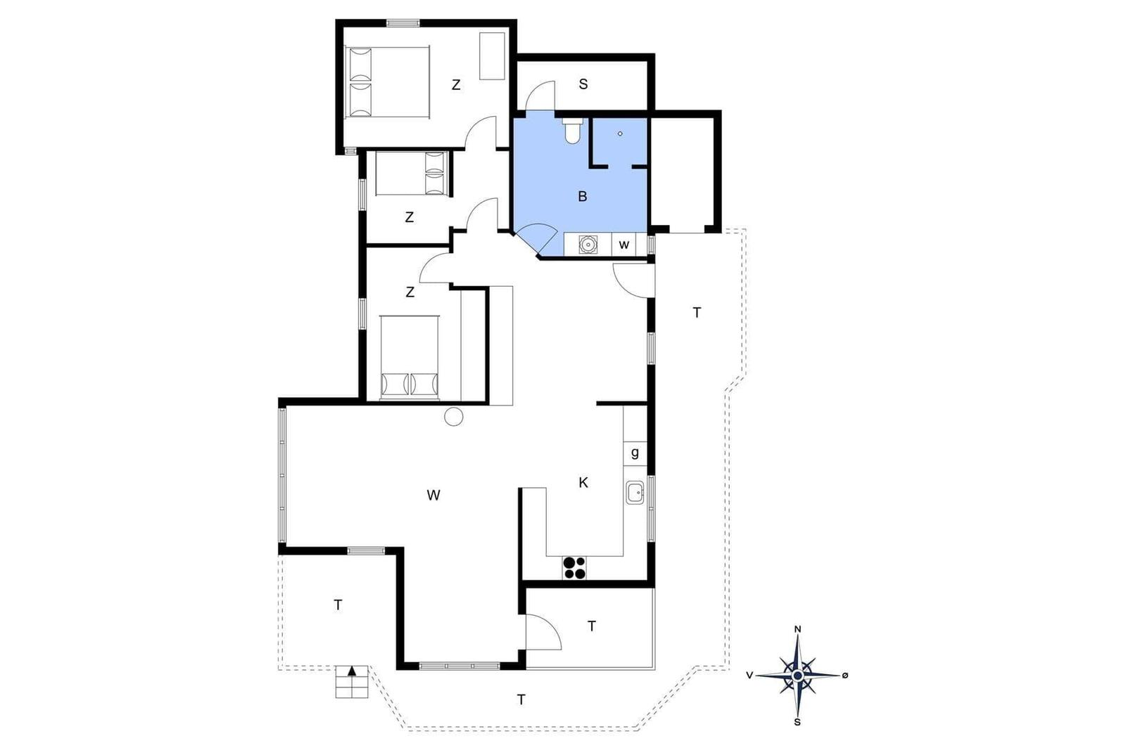 Wohnung mit drei Schlafzimmern, Küche, Bad und Terrasse.