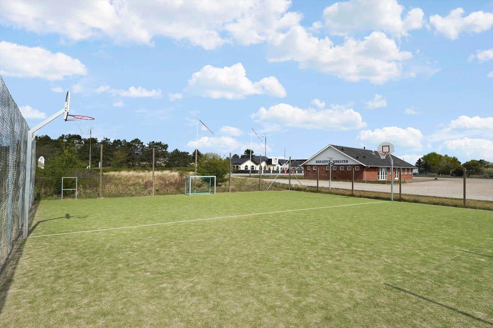 Green sports field with basketball hoops and goal. Buildings and trees in the background.