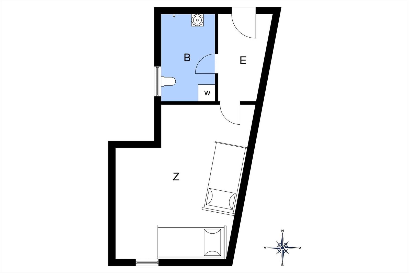 Zimmerplan zeigt Schlafzimmer, Bad und Wohnbereich mit Kompass.