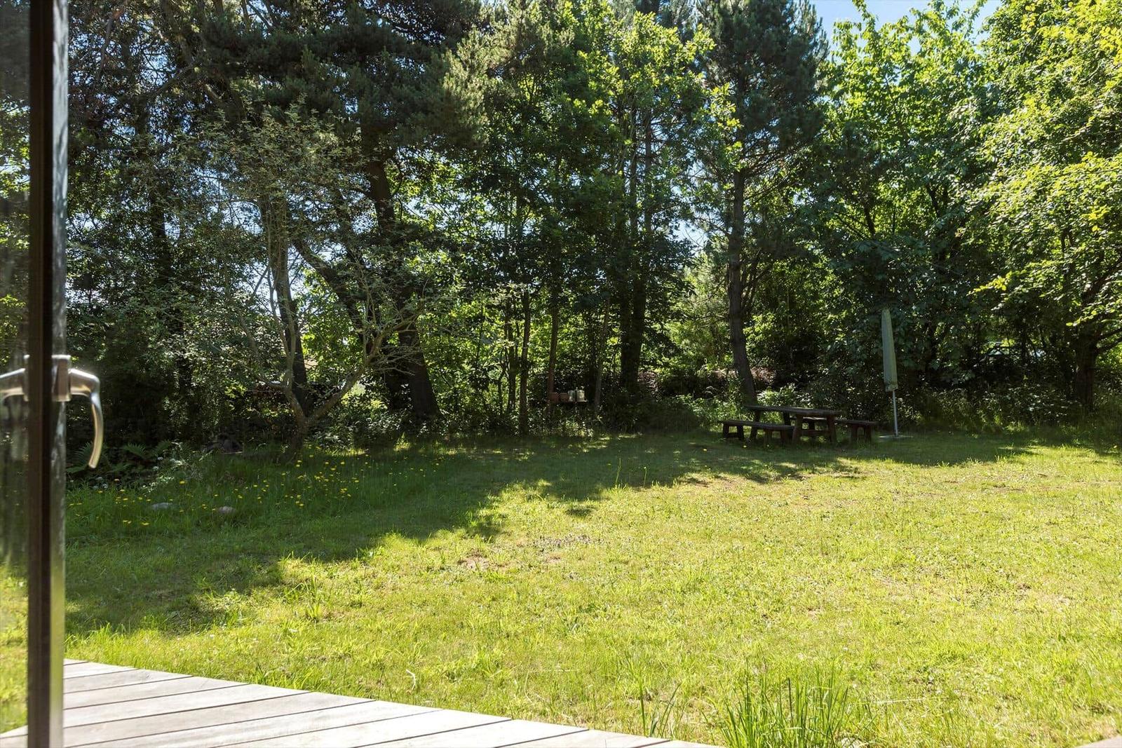 Grüner Garten mit Holzbank und Sonnenschutz unter Bäumen. Blick von einer Terrasse.