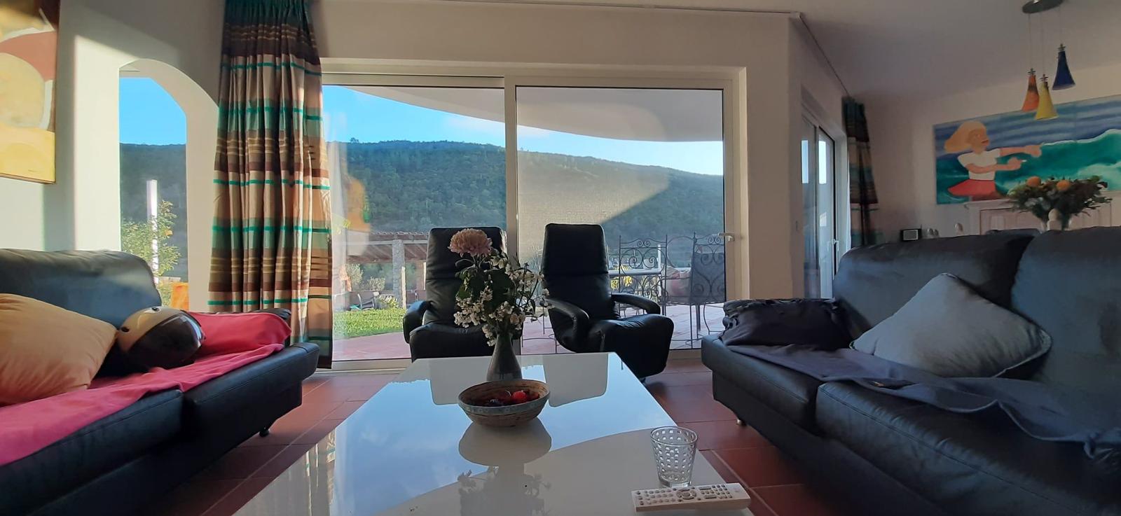 Wohnzimmer mit Sofa, Sessel und Blick auf Hügel.