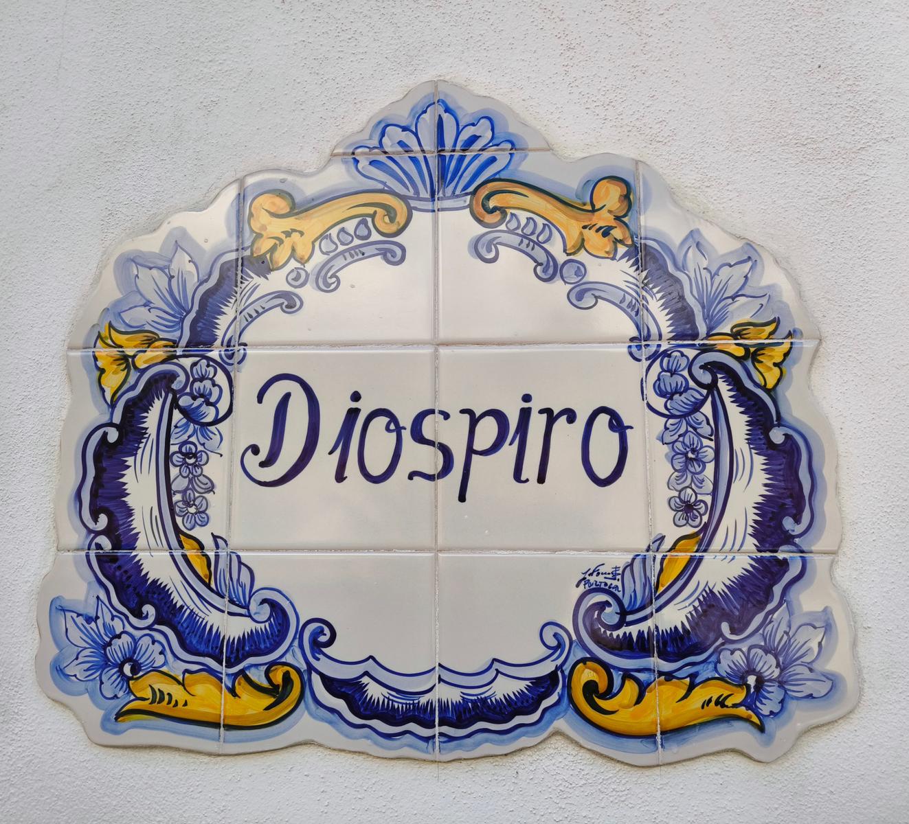 Keramik-Schild mit blau-gelbem Ornament und der Aufschrift Diospiro.