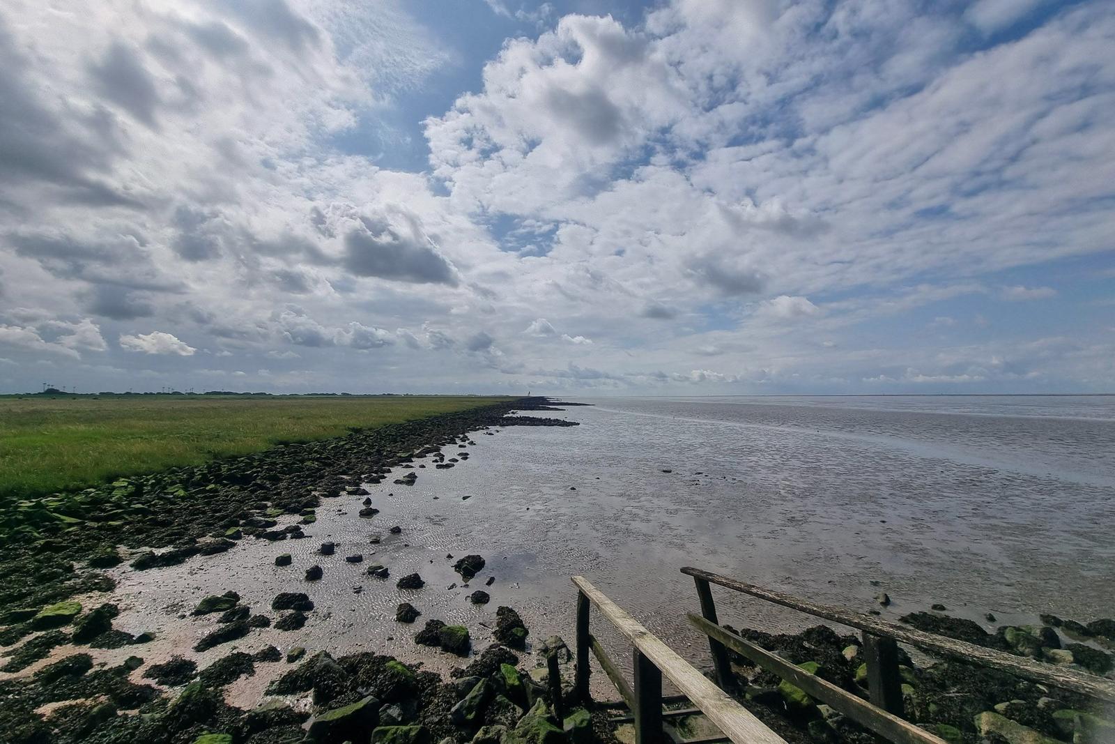 Wanderweg entlang steiniger Küste mit Blick auf Watt und Grasland unter bewölktem Himmel.