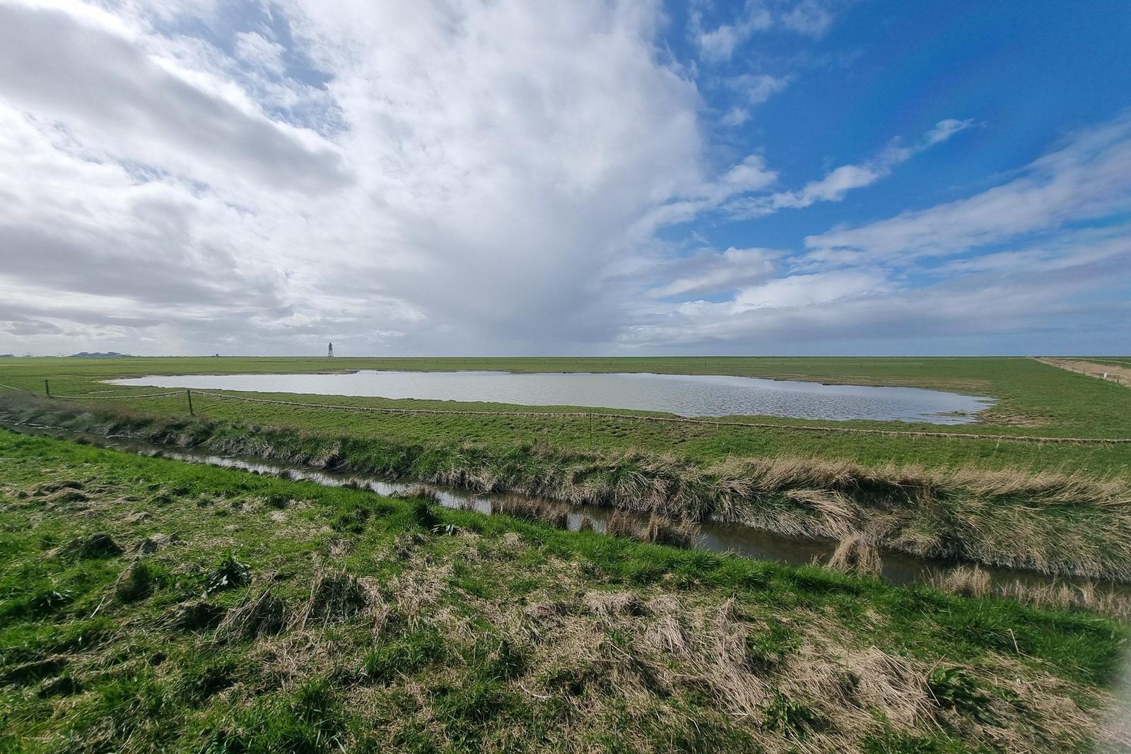 Weitläufiges Grasland mit Wasserfläche und Leuchtturm im Hintergrund unter bewölktem Himmel.