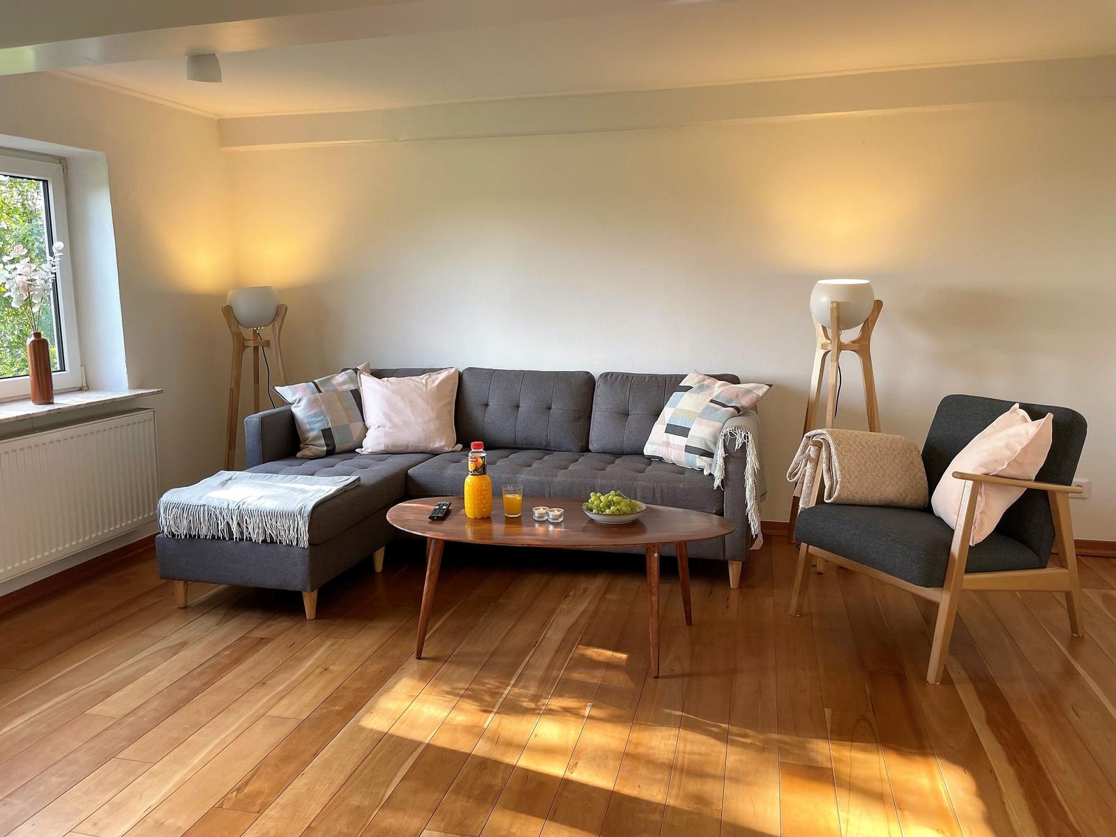 Living room with gray sofa, wooden floor, and floor lamp.
