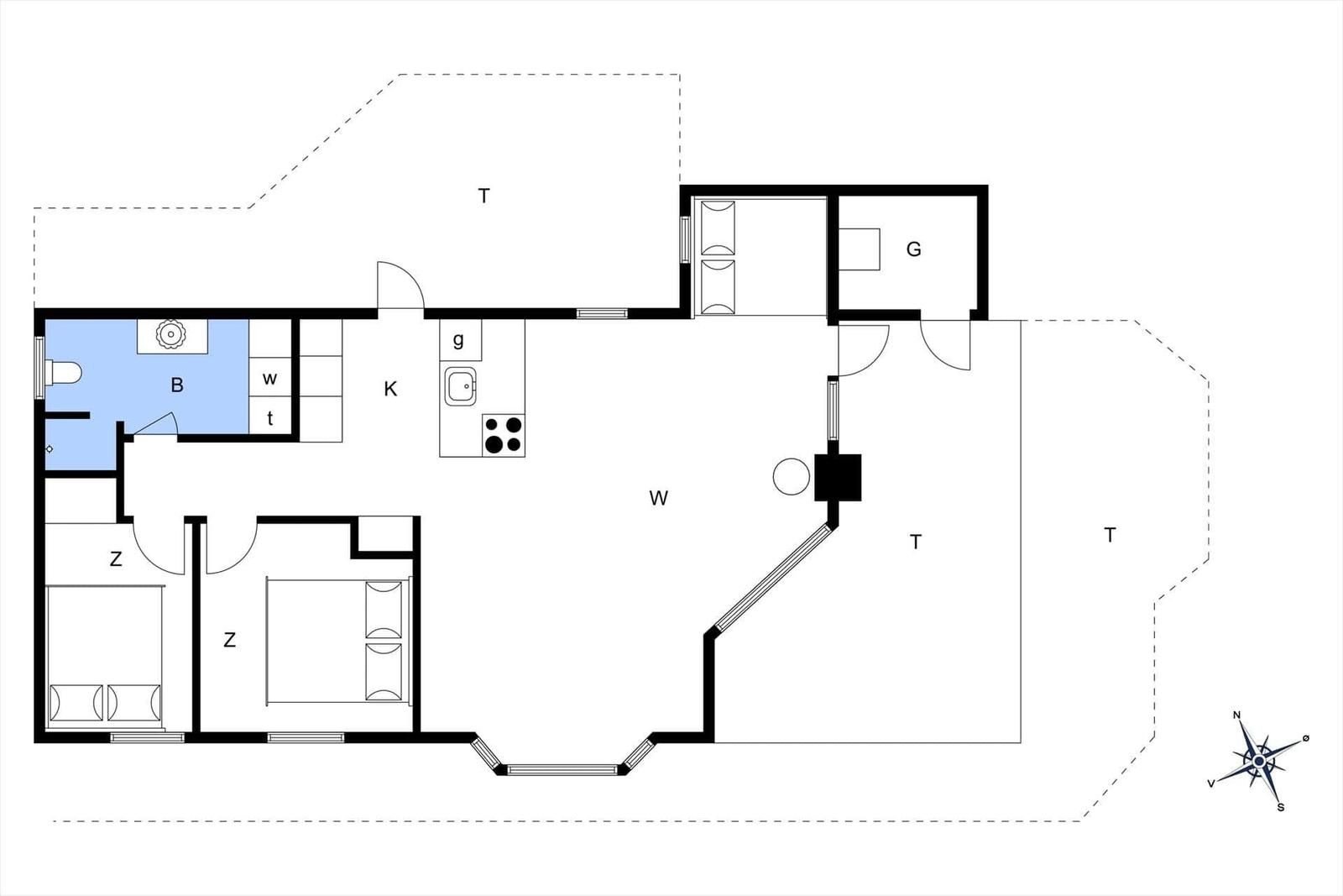 Wohnung mit Küche, Bad, zwei Schlafzimmern und Terrasse.