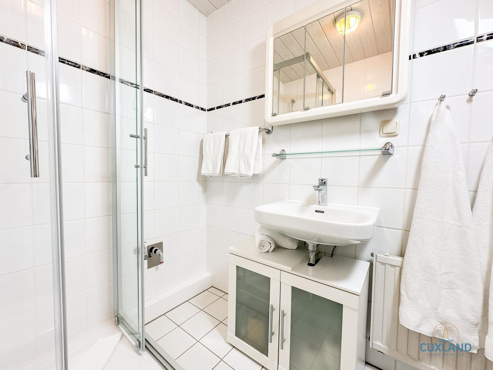 Badezimmer mit Dusche, Waschbecken und Spiegel