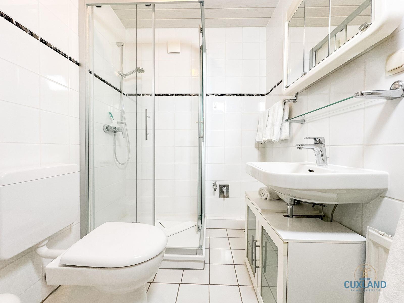 Badezimmer mit Dusche, Waschbecken und Toilette.
