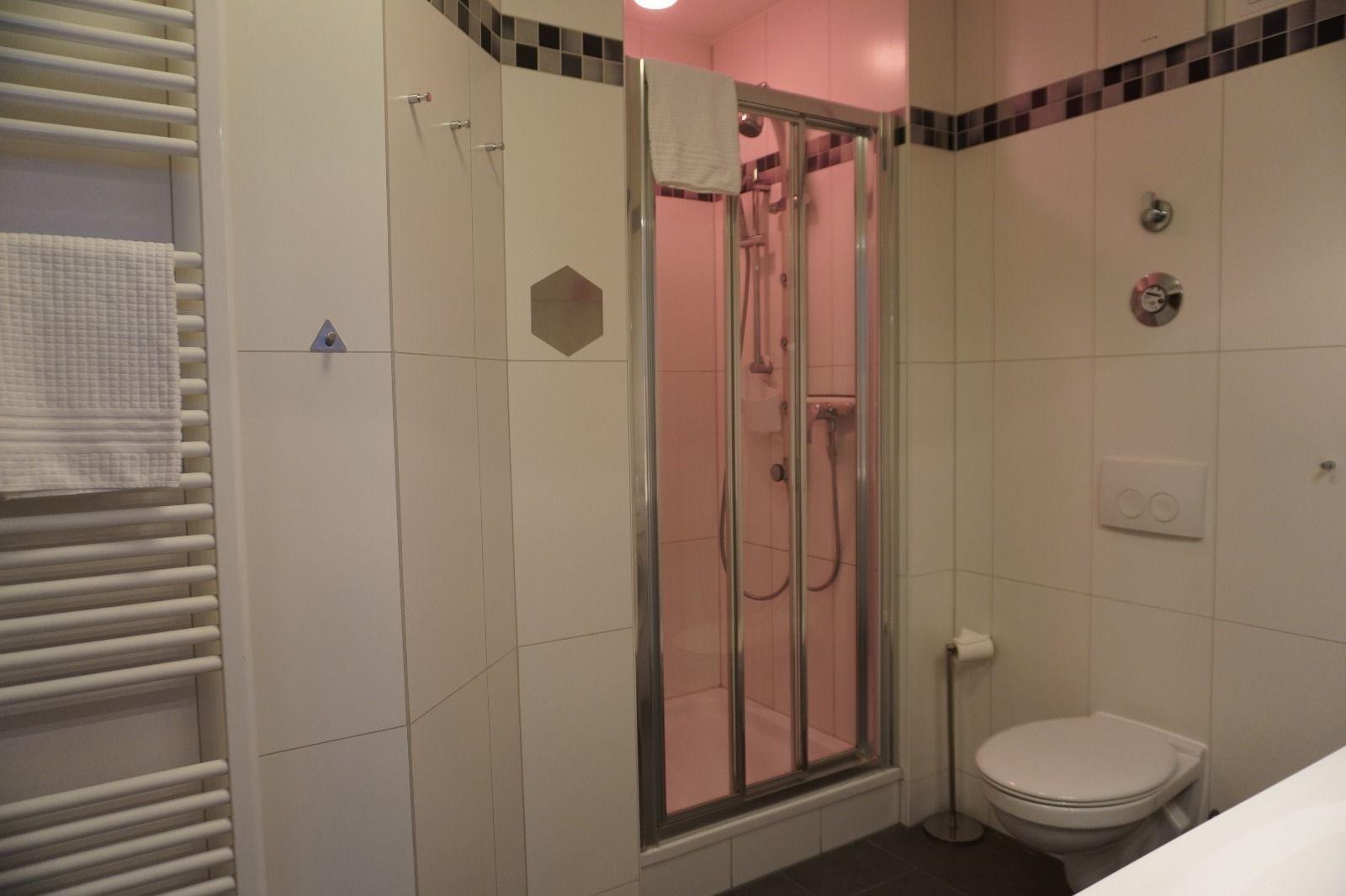 Badezimmer mit Dusche, Toilette und Handtuchheizung.