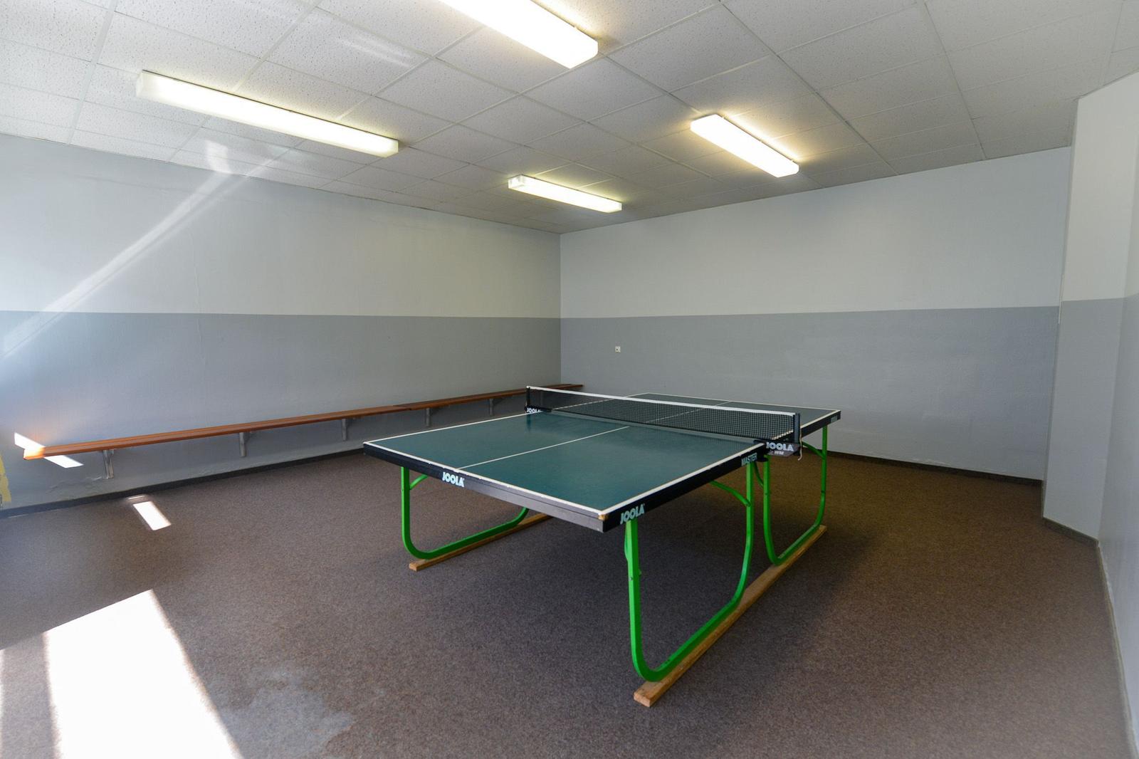 Tischtennisplatte mit Netz in einem Raum mit Sitzbänken an der Wand.
