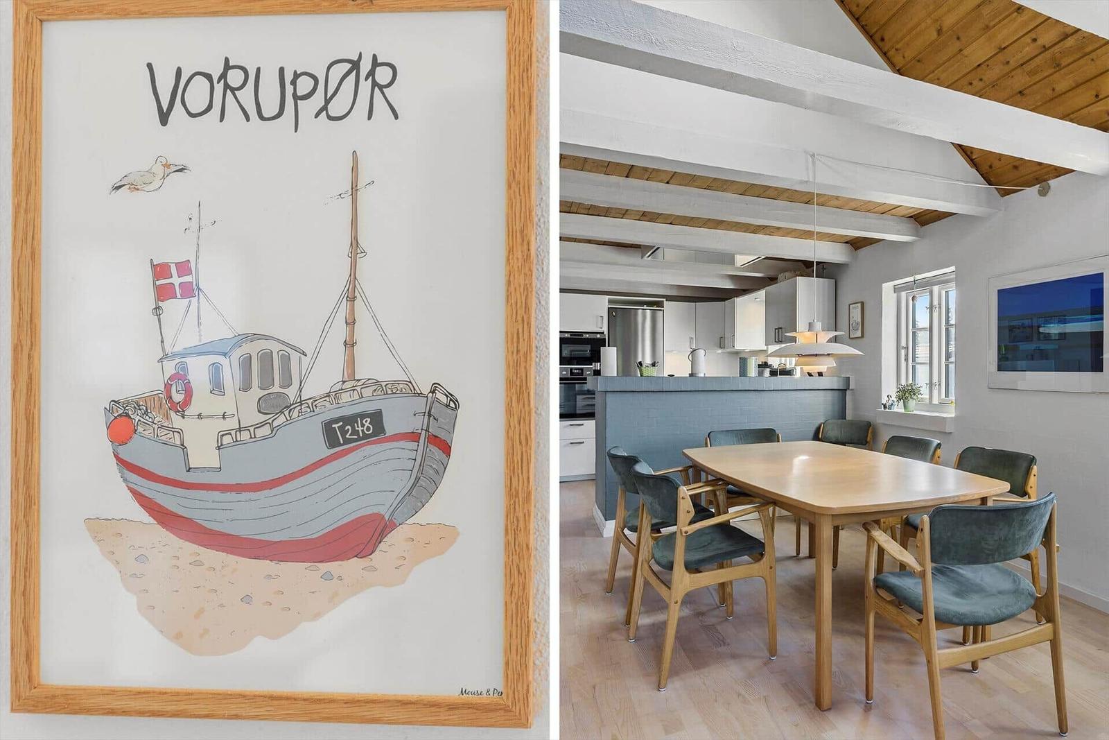 Grafik mit Fischerboot und Essbereich mit Holztisch und Stühlen.