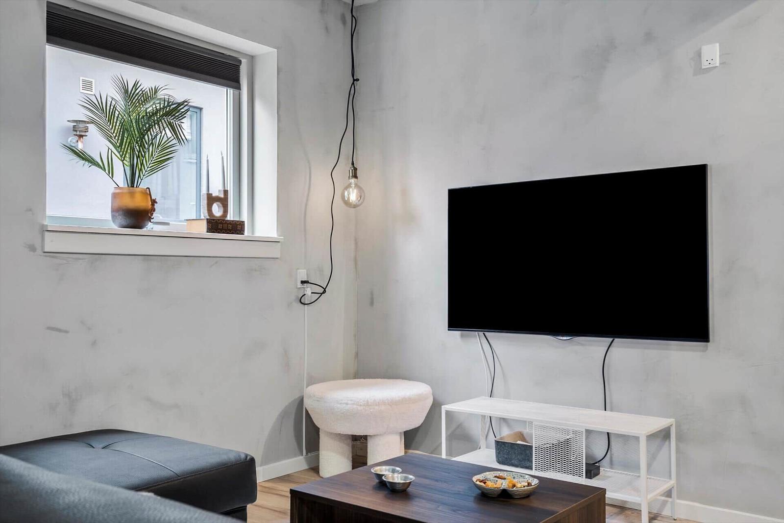 Wohnzimmer mit Fernseher, Fenster, Pflanze und Sitzgelegenheit.