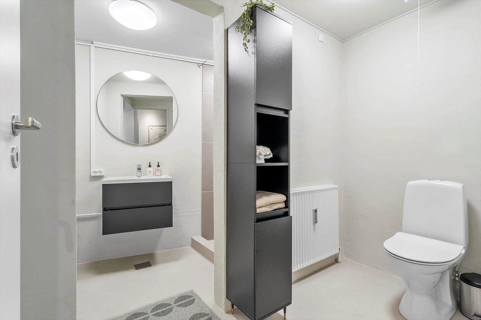 Badezimmer mit Toilette, Waschbecken und hohem Schrank.