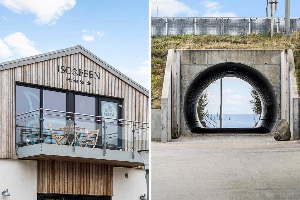 Moderne Holzhäuser mit Balkon und Blick auf den Tunnel mit Meerblick.