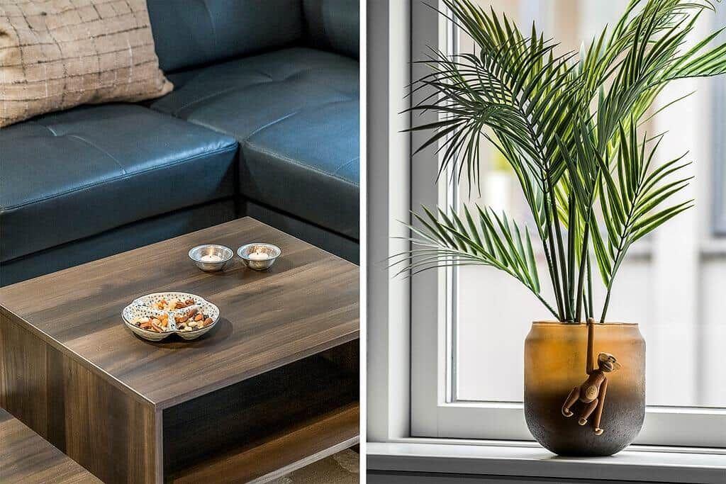 Ein Wohnzimmer mit dunklem Sofa und Holztisch. Eine Palme steht auf dem Fensterbrett.