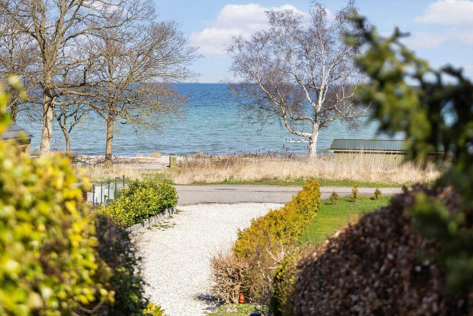 Gehweg führt zum Strand mit Blick aufs Wasser und Bäume.