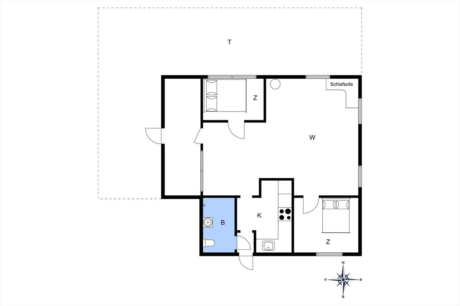 Wohnung mit Schlafsofa, Küche und Bad. Raumübersicht mit Orientierung.