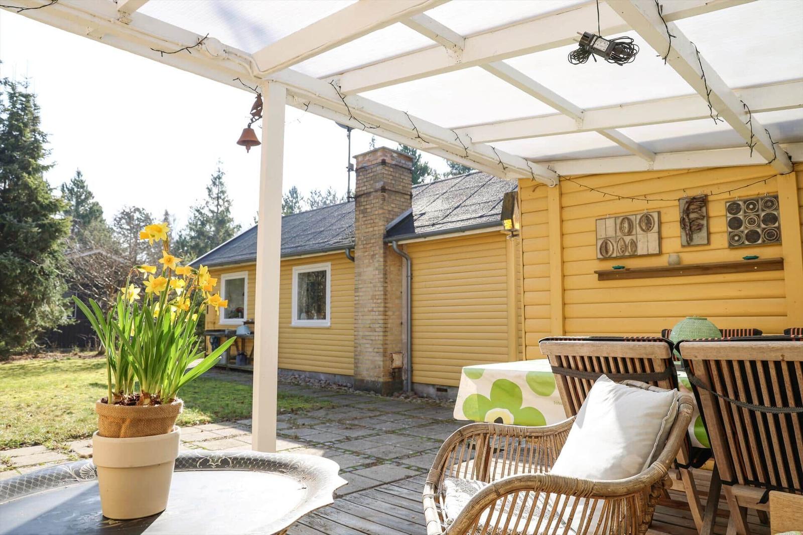 Terrasse mit Sitzgelegenheiten und Pflanze vor gelbem Haus
