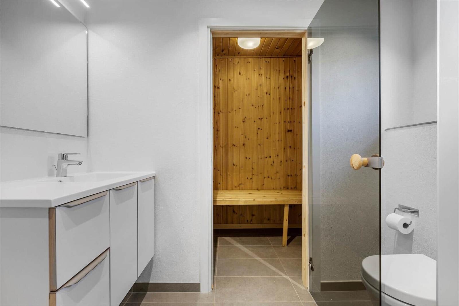 Bad mit Dusche, Toilette und Sauna im Hintergrund.
